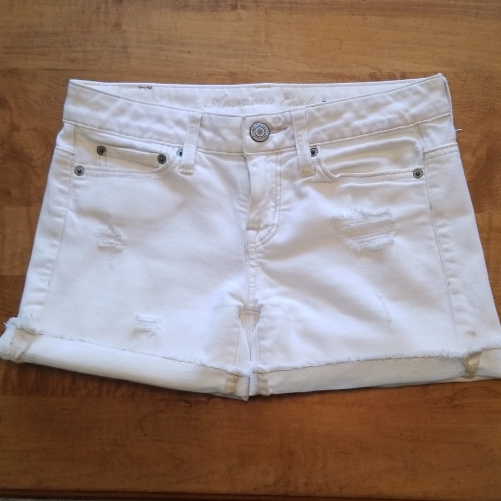 AE white denim shorts